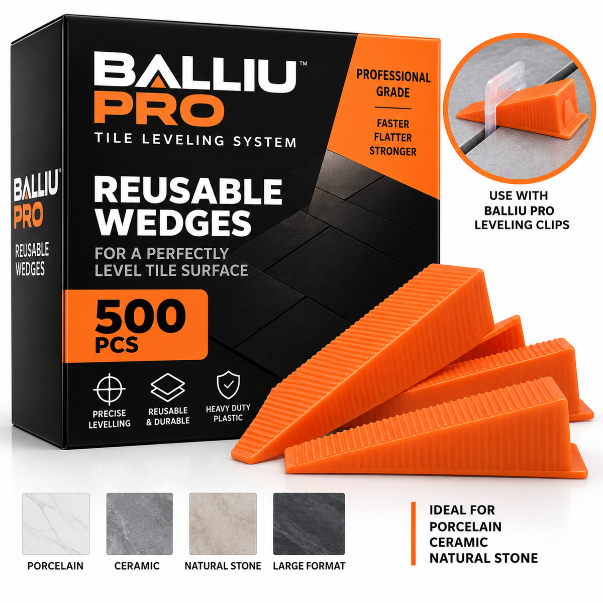 BALLIU PRO Reusable Tile Leveling Wedges – 500 Pack