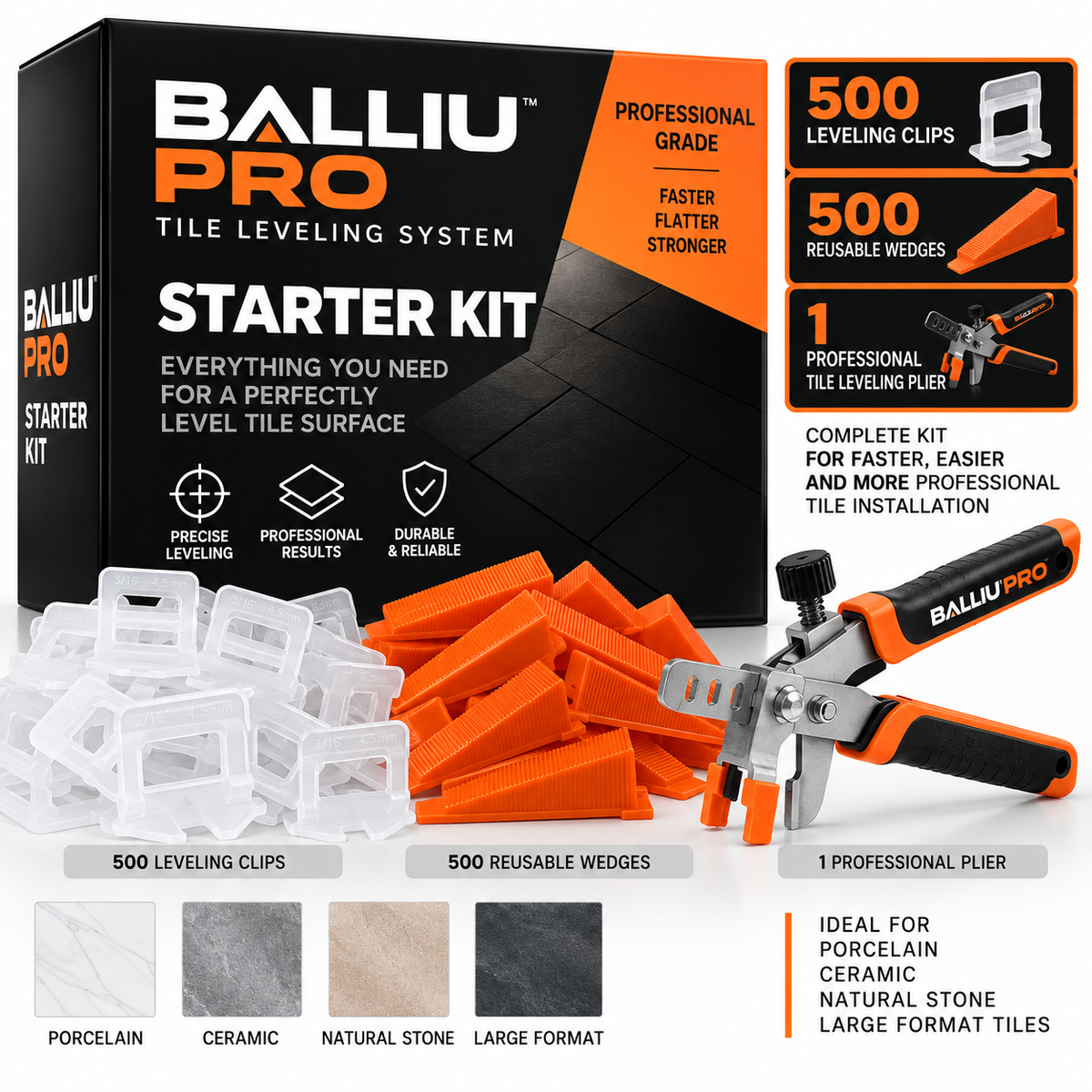 BALLIU PRO Tile Leveling Starter Kit – 500 Clips + 500 Wedges + Professional Pliers